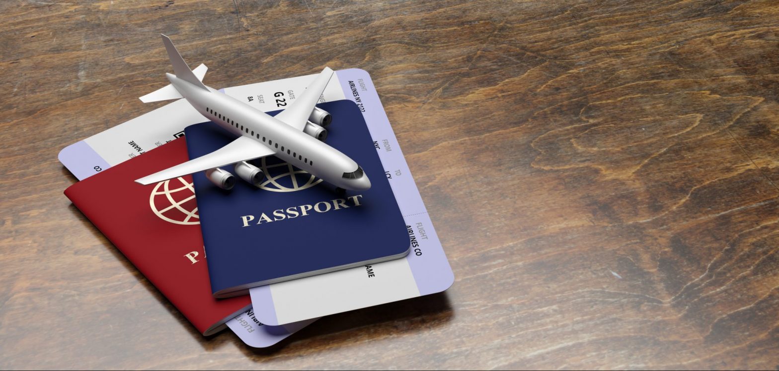 Flight and travel documents, plane tickets and passports for business trip, immigration, tourism. Airplane model and boarding pass on wood background. 3d illustration