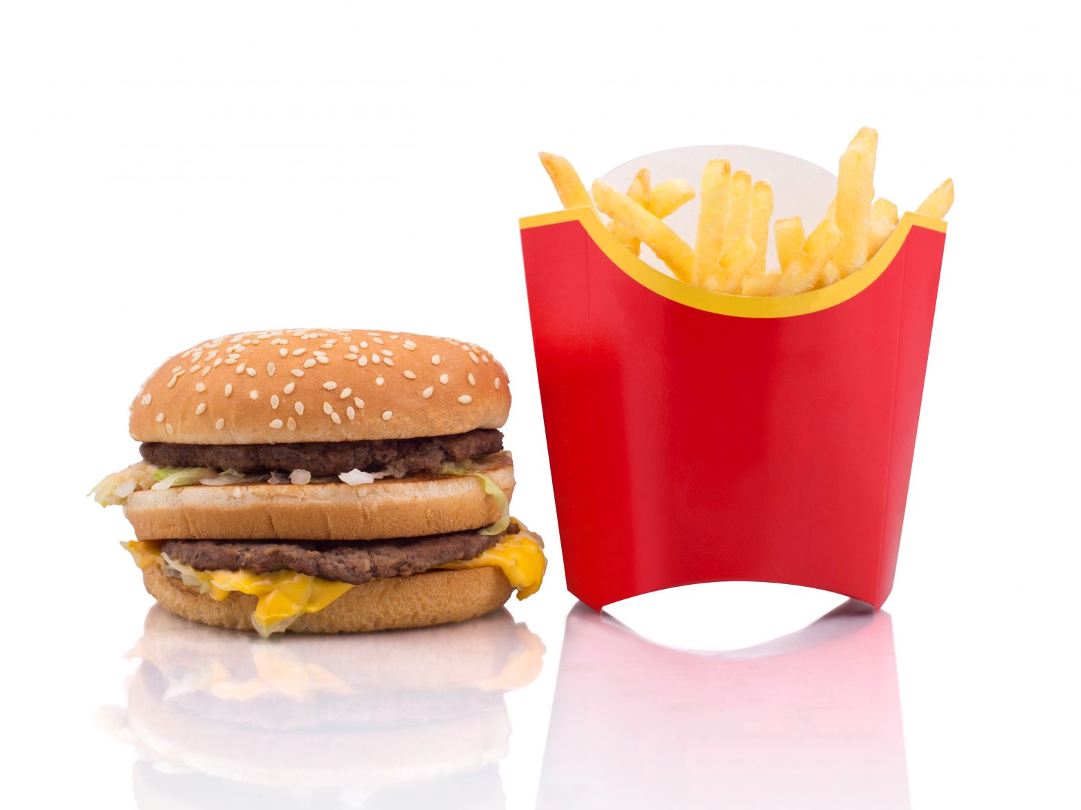 Hamburger and French fries on white background
