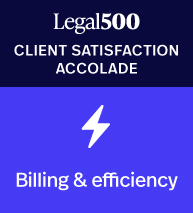 Two-panel badge: dark blue top with 'Legal500 Client Satisfaction Accolade' and a purple bottom panel showing a white lightning bolt and the words 'Billing & efficiency'.