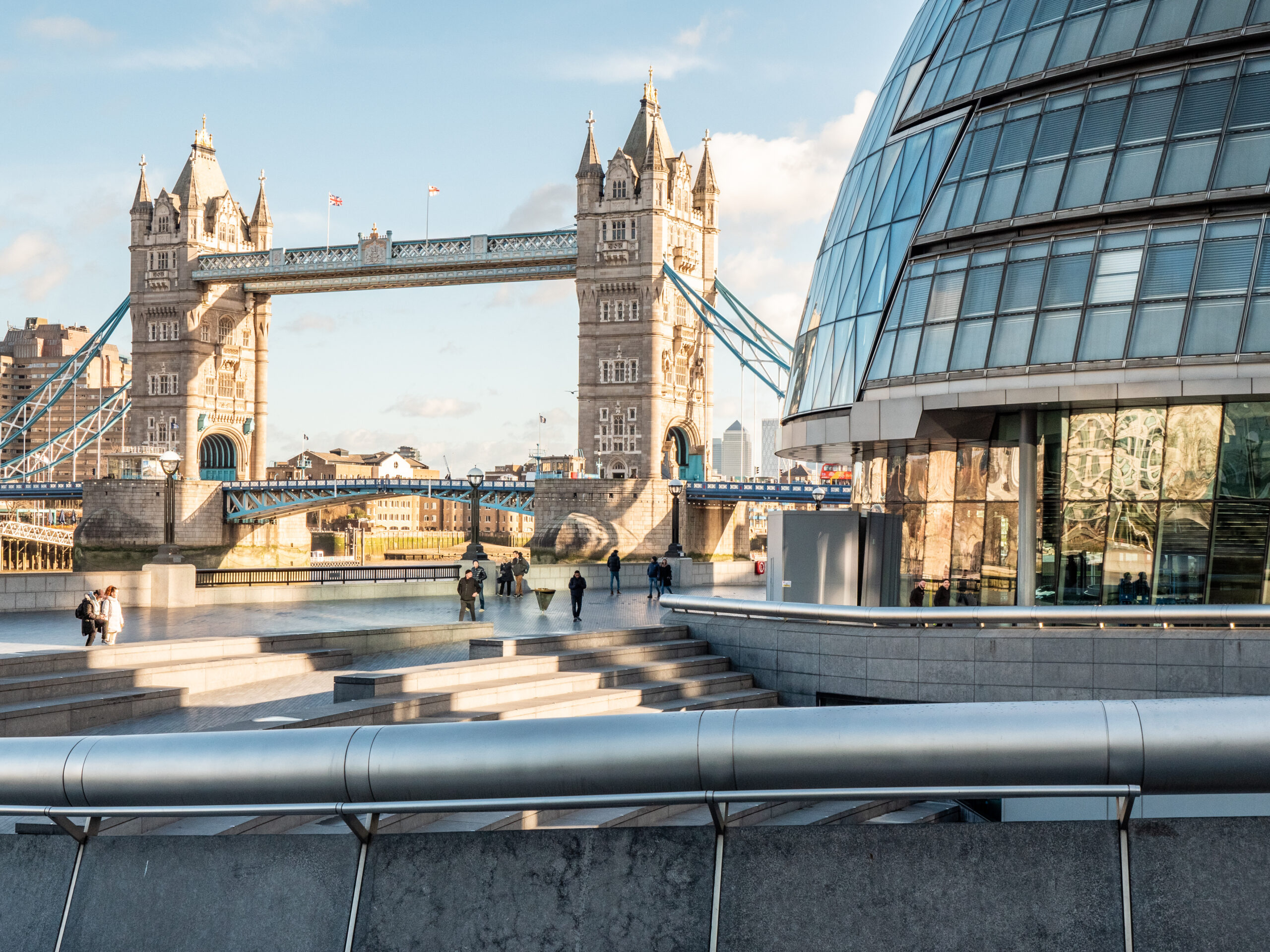 Tower Bridge and City Hall London Famous landmarks captured from within the contemporary More London district on the south of the River Thames