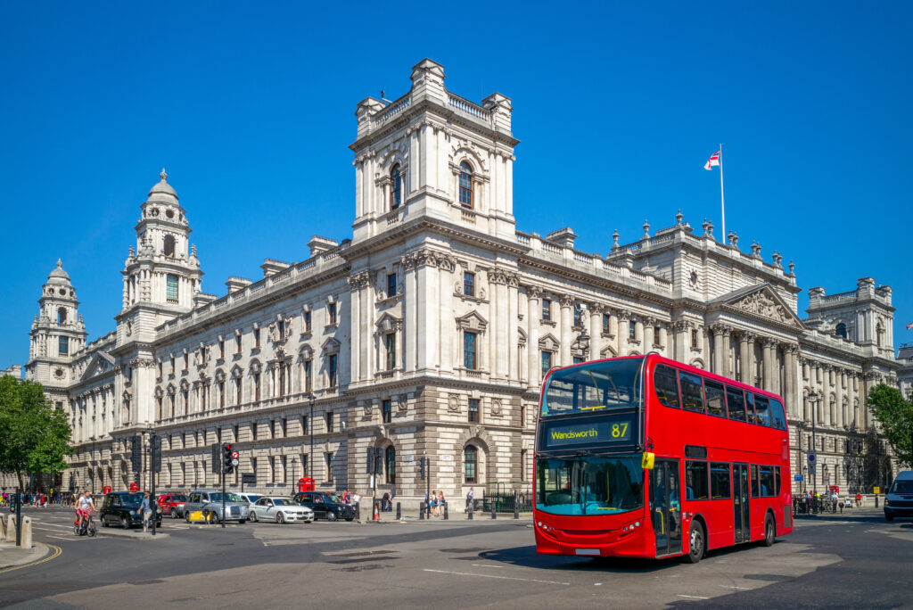 street view of london with double decker bus