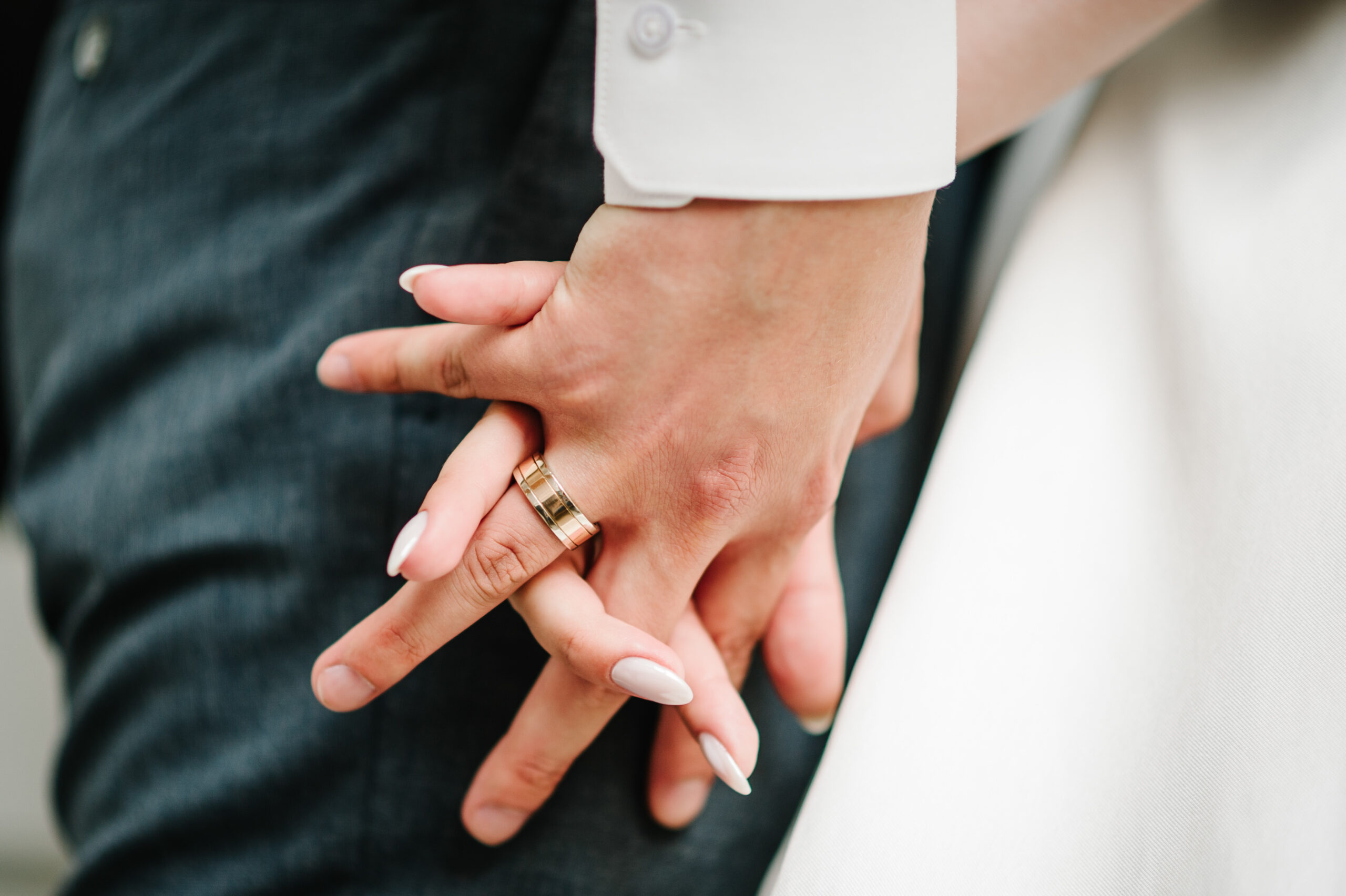 The bride and groom holding hands Engagement Bottom view Newlyweds of the outdoors Close up