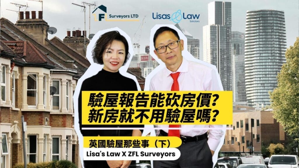 Promotional thumbnail for Lisa's Law and ZFL Surveyors, showing two professionals in front of a city skyline with a bold yellow Chinese text banner and logos at the top left and right side.