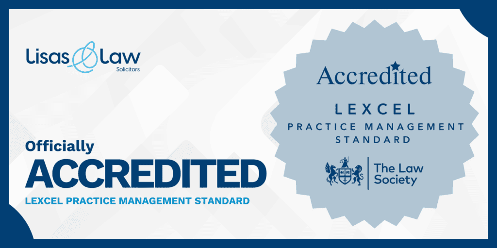 Banner showing Lisas Law Solicitors logo and a blue accreditation badge reading 'Accredited Lexcel Practice Management Standard'