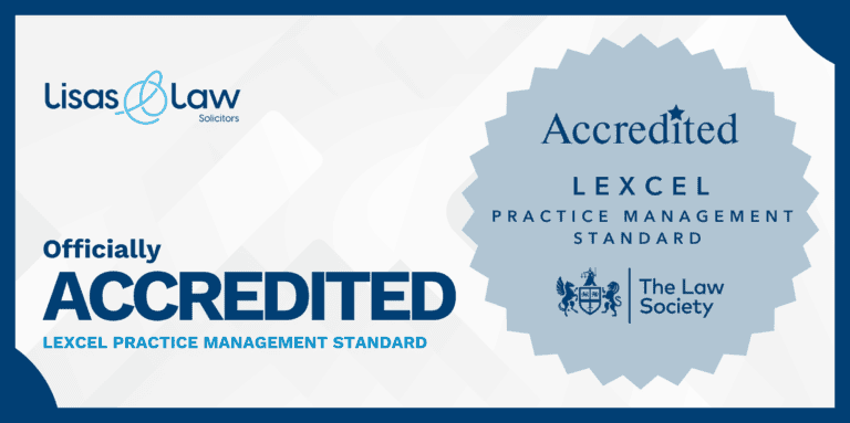 Banner showing Lisas Law Solicitors logo and a blue accreditation badge reading 'Accredited Lexcel Practice Management Standard'