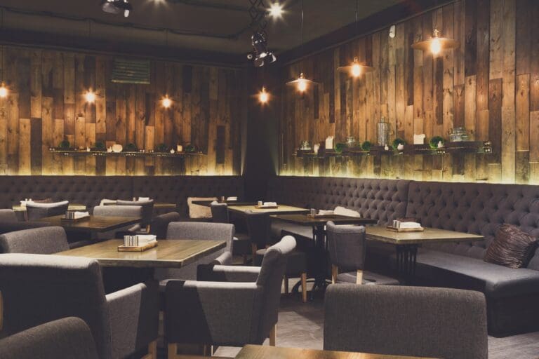 Cozy wooden interior of restaurant, copy space