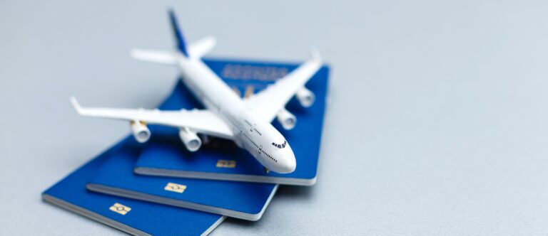 Travel concept. Passports, airline tickets and airplane