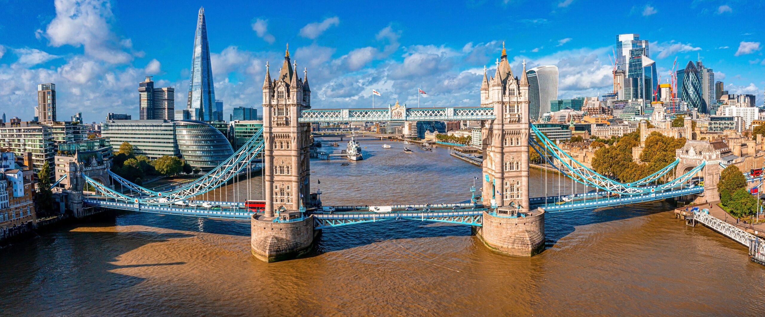 Aerial panoramic cityscape view of the London Tower Bridge and the River Thames, England, United Kingdom. Beautiful Tower bridge in London.