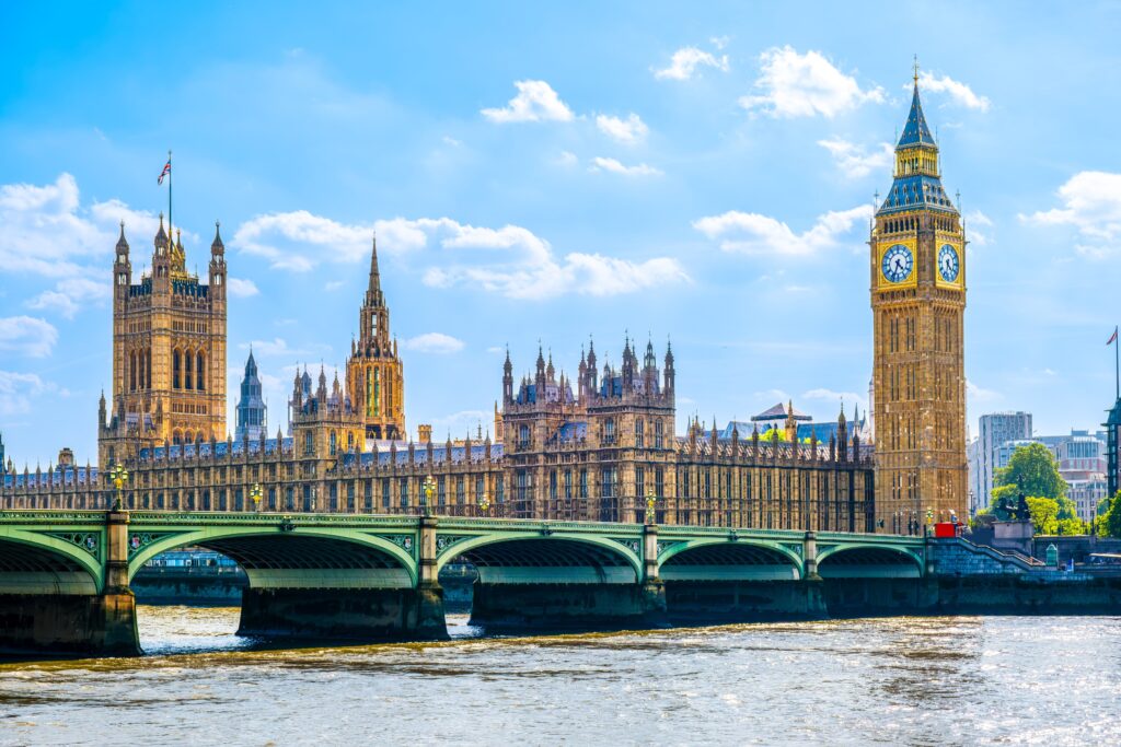 Cityscape of Big Ben and Westminster Bridge with river Thames at sunset, London, UK
