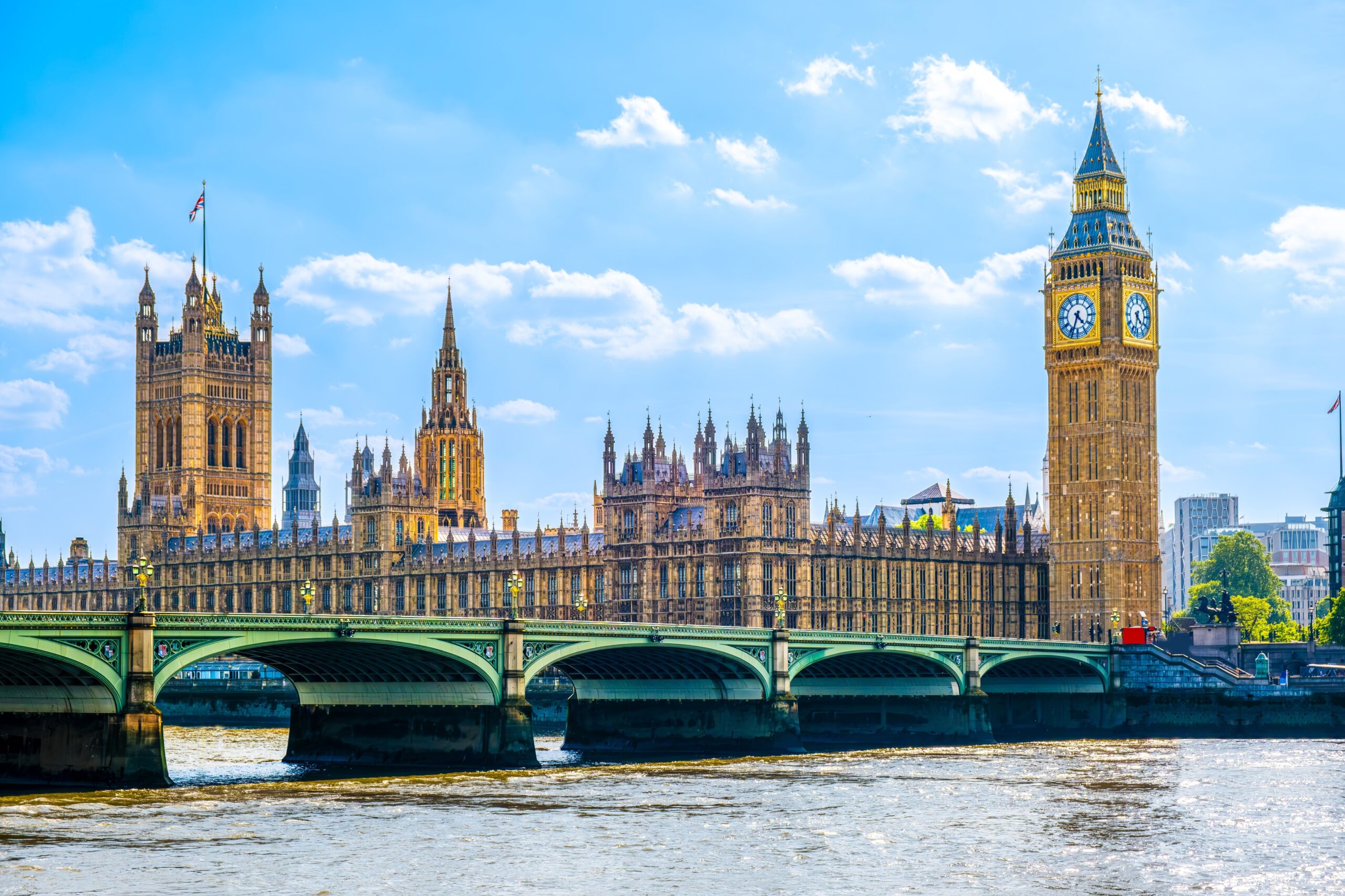 Cityscape of Big Ben and Westminster Bridge with river Thames at sunset, London, UK