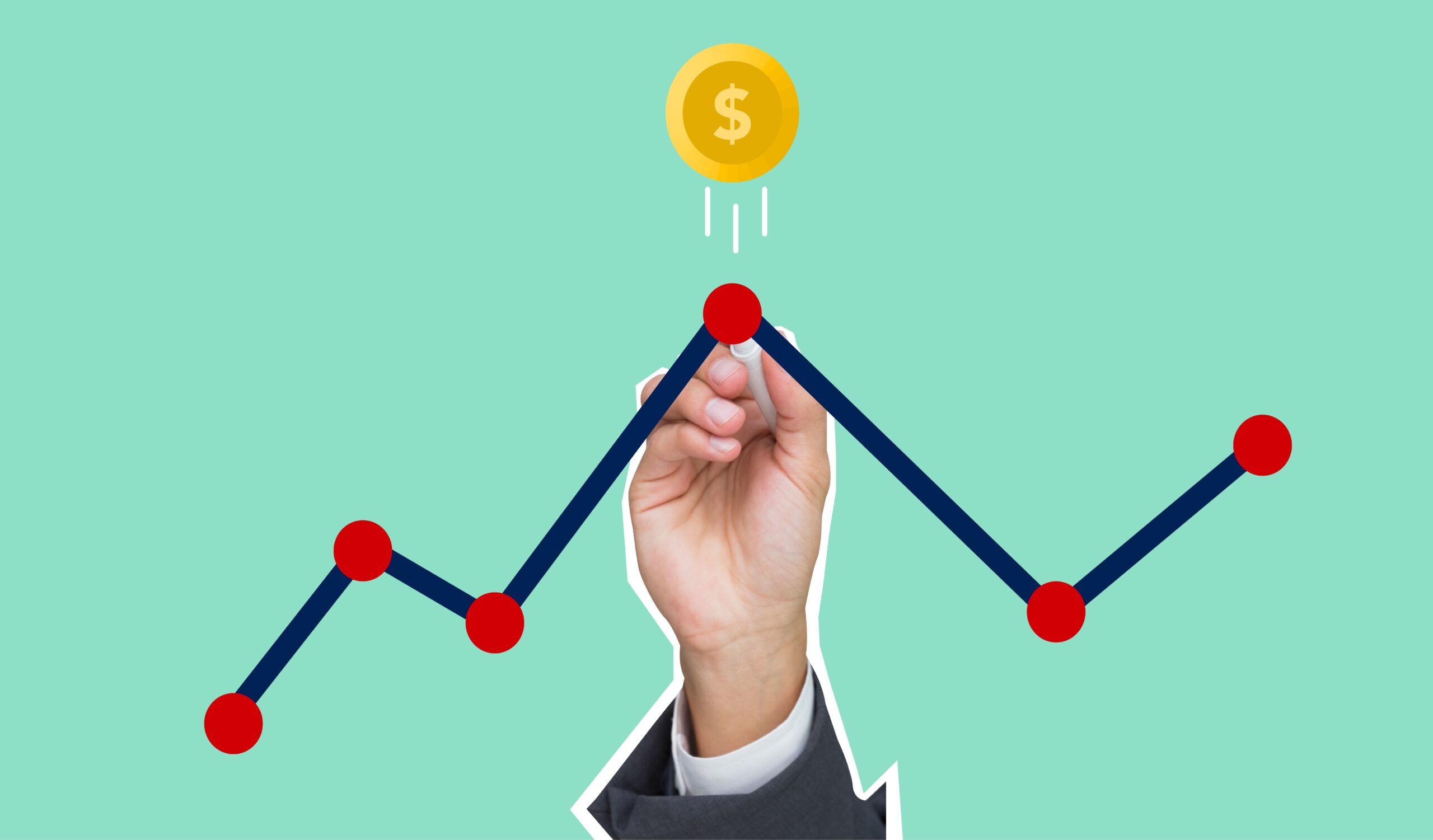 Hand drawing an upward-trending blue line with red data points, a dollar coin floating above